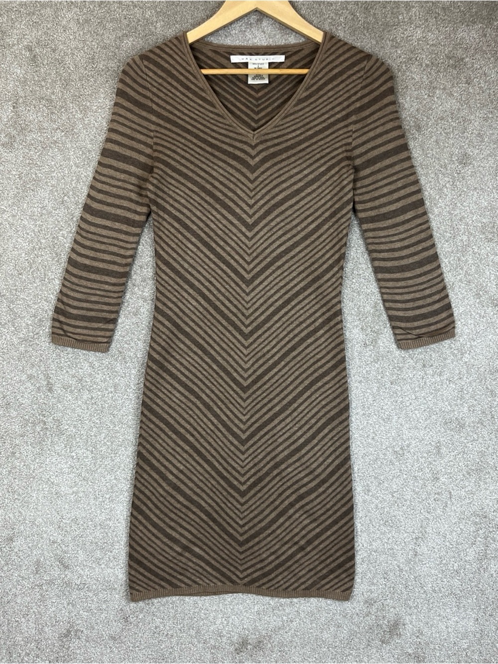 Max Studio Sweater Dress Womens Small Brown Stripe 3/4 Sleeve Stretch- 4769